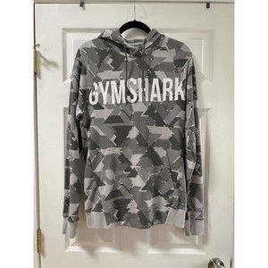 Gymshark Men’s Gray Pullover Camo Hoodie Sweatshirt Fitness Logo Sz S